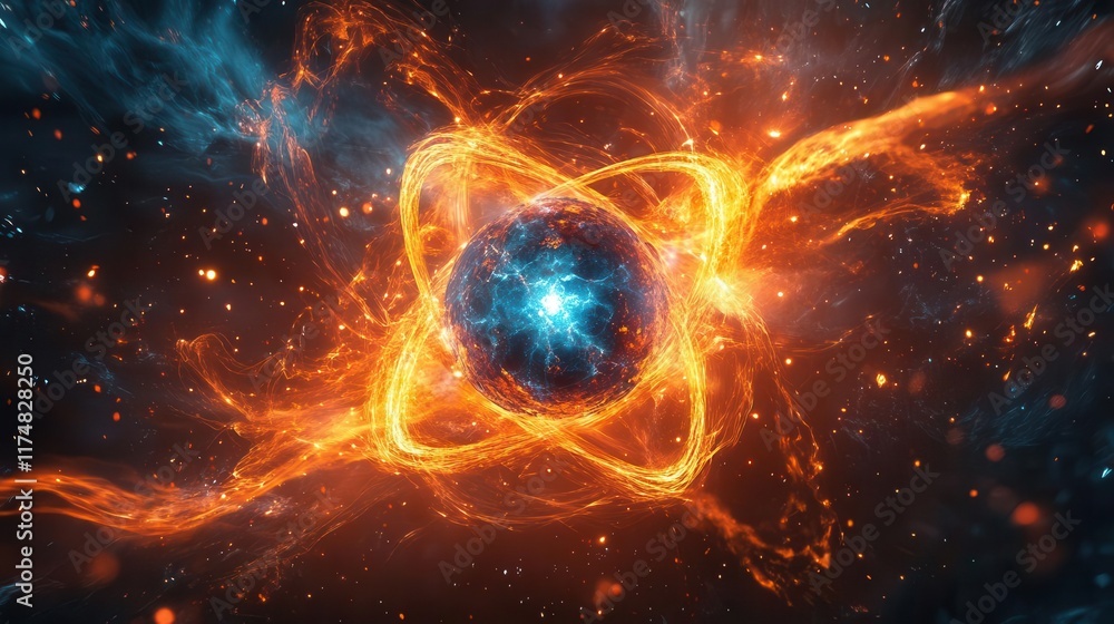 Poster abstract glowing energy sphere surrounded by swirling flames, creating a vibrant and dynamic visual.