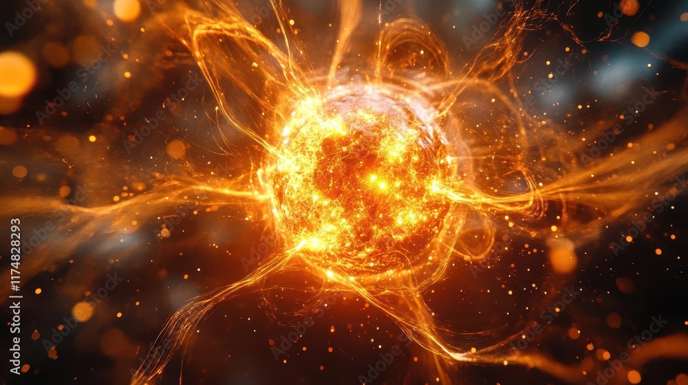 Poster abstract fiery orb with glowing particles and energy streams.