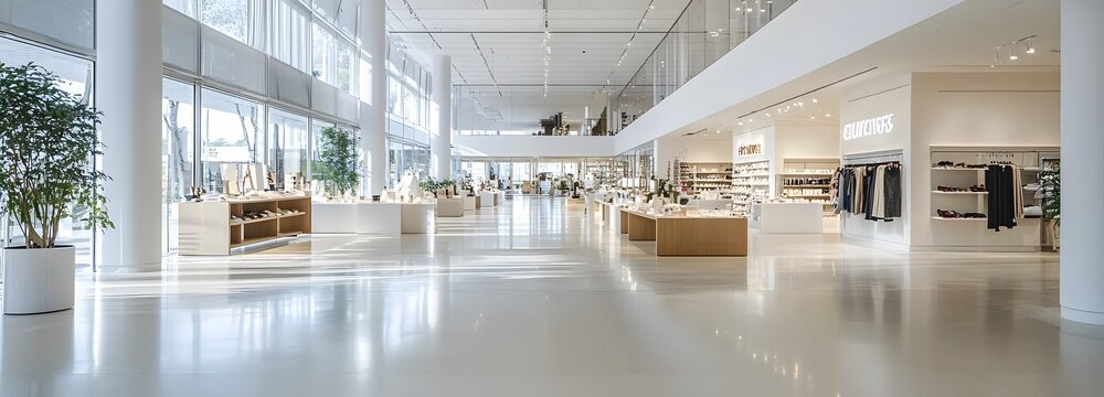 A large, modern retail space with smooth floors, tall ceilings, and wide white walls, creating a clean and open environment for products and text integration