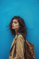 Confident Young Woman Posing with Hand in Pocket Against a Vibrant Blue Wall, Emphasizing Individuality and Style