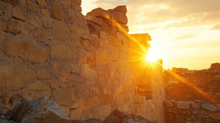 Golden Hour at Ancient Ruins: Sunbeams Illuminate Stone Walls