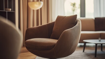 A stylish chair in warm mocha hues takes center stage in a cozy living room, surrounded by soft textures and bathed in natural light, perfect for moments of relaxation and comfort