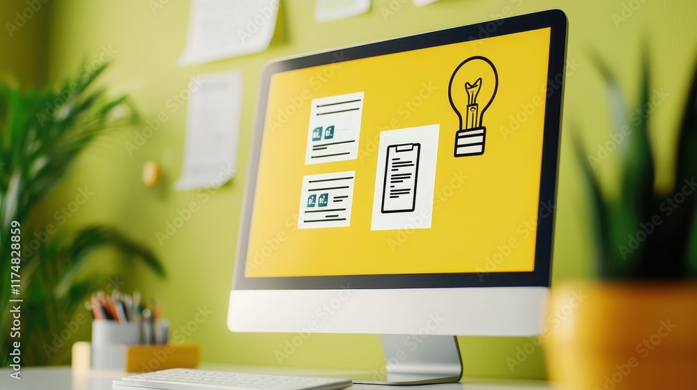 Aufkleber a modern workspace with a computer displaying creative documents and a lightbulb graphic, set agains