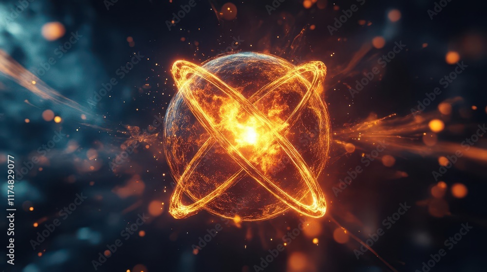 Poster abstract glowing atomic structure with vibrant colors and cosmic background.