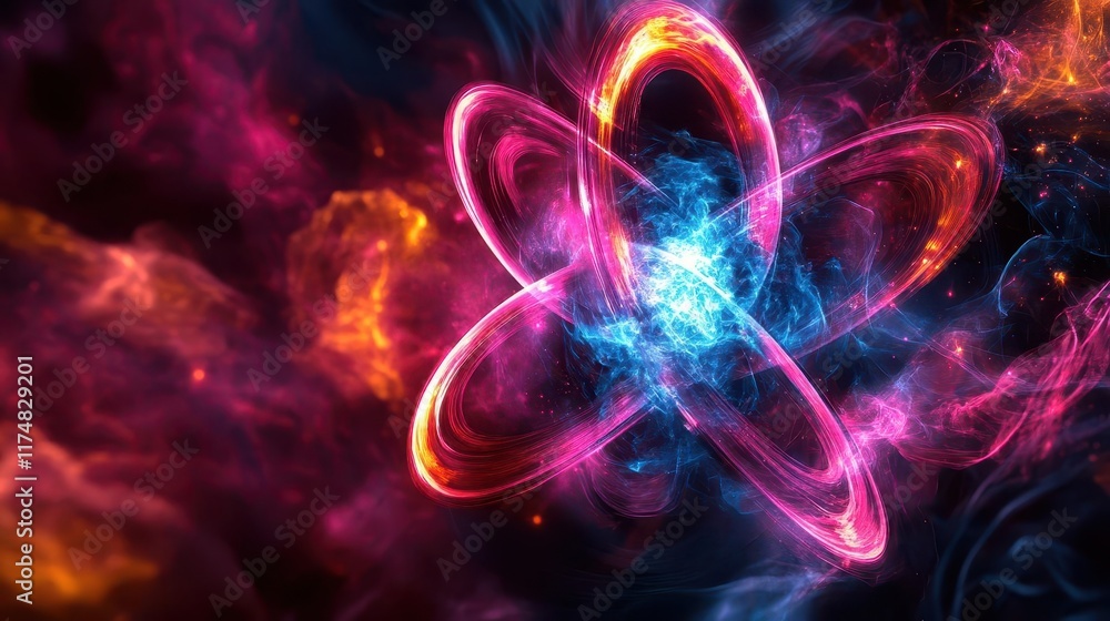 Poster abstract glowing atomic structure with vibrant colors and cosmic background.