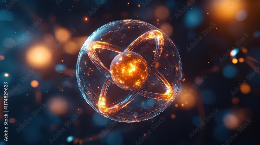 Poster abstract glowing atom with three orbiting electrons.
