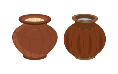 Traditional clay pots illustration - decorative earthenware with textured patterns for cultural and rustic themes