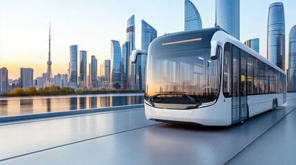 modern bus driving through futuristic city skyline at sunset