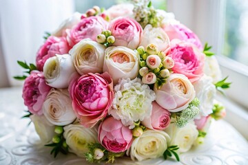 Obraz premium Elegant Pink & White Wedding Bouquet Photography: Romantic Floral Arrangement