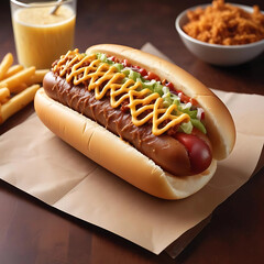 "Isolated Gourmet Fusion Hot Dog: A meticulously crafted hot dog featuring distinct, high-resolution layers for easy editing. On a soft, lightly toasted brioche bun, place: A crispy, spicy panko-crust