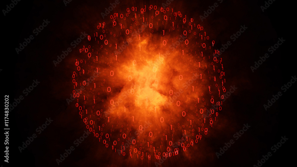 Poster danger binary code sphere in fire flames illustration.