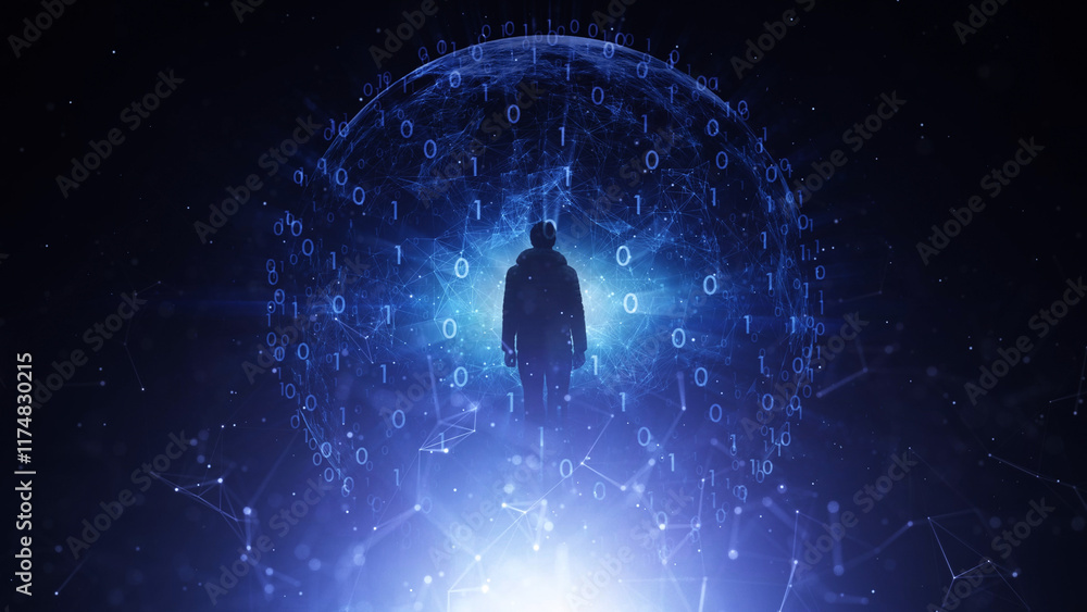 Poster man silhouette inside digital metaverse binary data sphere illustration.