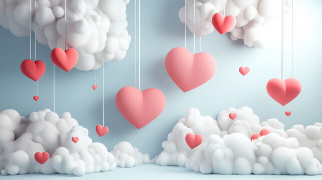 Tr&oacute;jwymiarowa ilustracja z unoszącymi się sercami i miękkimi chmurami na pastelowym tle, tworząca romantyczny i marzycielski nastr&oacute;j, idealna na Walentynki.