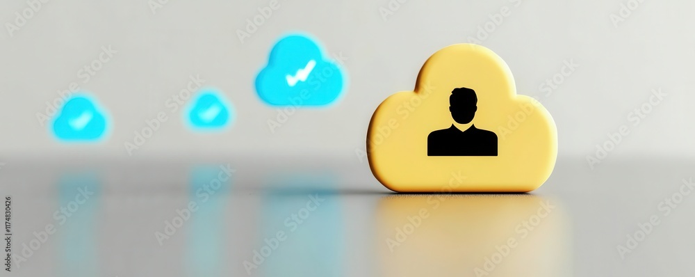 Poster a yellow cloud icon with a user silhouette and blue check marks, symbolizing cloud storage and onlin