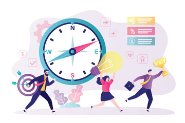 Businesspeople team uses compass for choice right direction in business development. Financial strategy, project planning and vision way. Navigation pointer to career or goals.