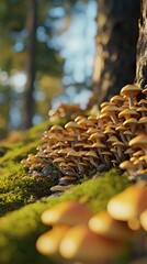 Fototapeta premium A close-up view of clusters of mushrooms growing on moss near a tree in a forest setting.