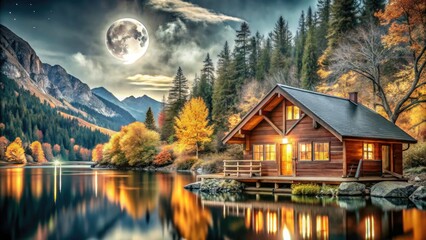 Fototapeta premium Peaceful autumn mountain landscape, moonlit lake cabin reflects nature's serenity.