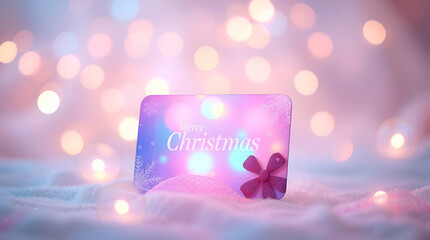 A Christmas gift card mockup showcasing iridescent colors within a soft, dreamy atmosphere, using hazy, soft light, and iridescent reflections to create a magical feel