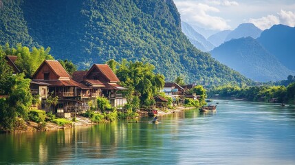 Fototapeta premium Tranquil River Village in Lush Mountain Landscape