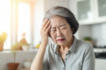 Elderly asian woman feeling unwell, experiencing a strong migraine or headache, touching her forehead