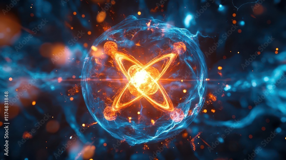 Aufkleber abstract glowing atomic structure with energy particles.