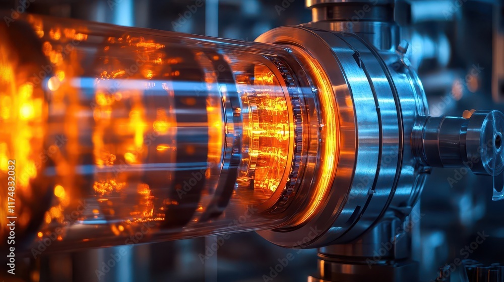 Poster close-up of a futuristic mechanical device with a red glowing component.