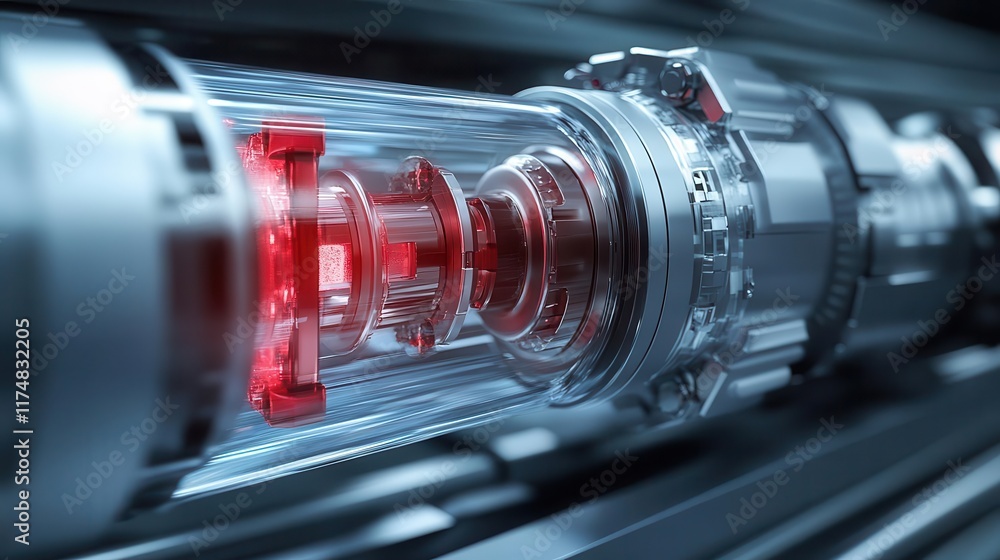 Poster close-up of a futuristic mechanical device with a red glowing component.