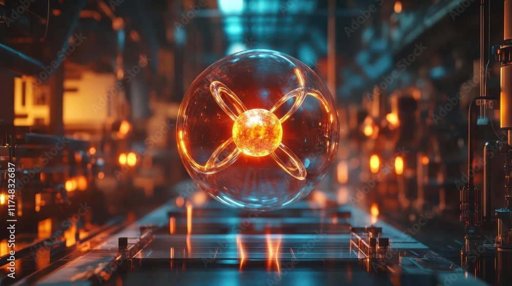 Poster futuristic glowing sphere with atomic structure inside on a conveyor belt.