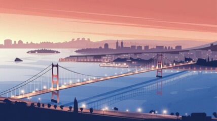Obraz premium Highly detailed panoramic sunset over a city bridge, waterfront, and reflections on calm water.