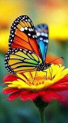 A vibrant butterfly perched on a colorful flower, showcasing nature's beauty.