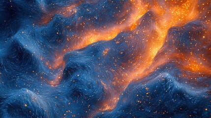 Fototapeta premium A vibrant cosmic scene featuring swirling blue waves illuminated by fiery orange stars.