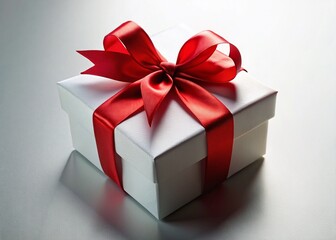 Obraz premium Elegant White Gift Box with Shiny Red Ribbon - Perfect for Holiday or Special Occasion