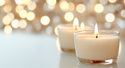 Two burning candles in transparent glasses on a background of soft side. Creates an atmosphere of comfort and warmth.
