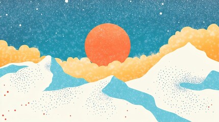 Snowy Mountains Sunset Landscape Artistic Winter Scene