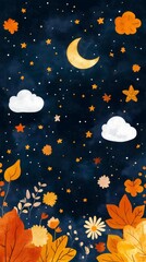 Autumnal Night Sky Falling Leaves, Crescent Moon, and Stars