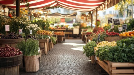 Fototapeta premium Mockup of a fabric banner displayed in a local farmers' market setting