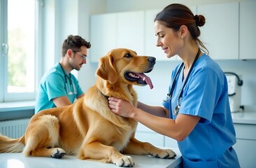 ветеринар, осматривающий собаку породы золотистый ретривер в ветеринарной клинике.
