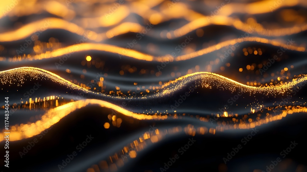 Poster depth filled waveform curves with shimmering sparkle blending rhythmic gradients and symmetrical con
