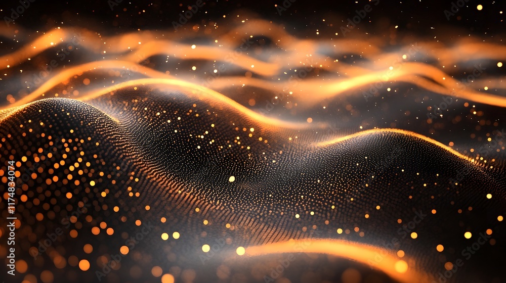 Poster mesmerizing abstract digital artwork featuring depth filled waveform curves with shimmering sparkle 