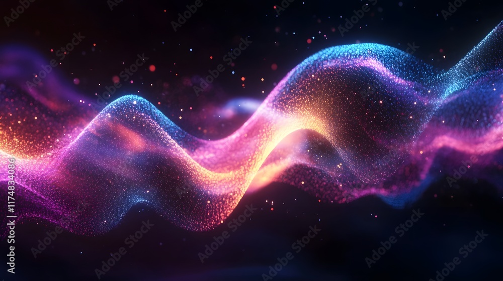 Poster pulsing waveform patterns glowing rhythmically blending fluid contours with symmetrical sparkle in a
