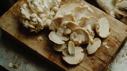 Fototapeta premium Fresh Gourmet Mushrooms on a Wooden Cutting Board Ready for Culinary Uses in Cooking and Gourmet Dishes, Capturing Organic and Natural Food Elements in a Kitchen Setting