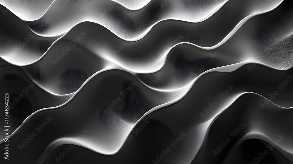 Poster fluid symmetrical waveform patterns with rhythmic gradients and sparkling depth creating a captivati