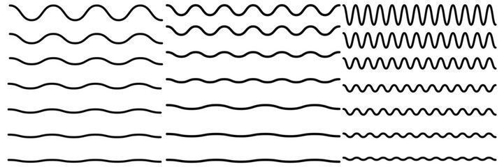 Set of wavy zigzag stroke lines pattern. Vector line border, wave ripple, zigzag, borders.