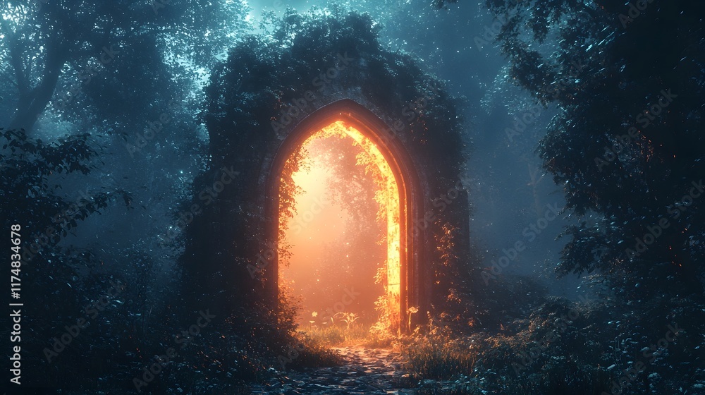 Poster glowing ethereal architectural arch bathed in moonlight blending the boundaries between man made str