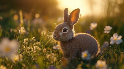Fototapeta premium A cute brown rabbit sits among blooming flowers in a sunlit meadow, embodying the essence of spring.
