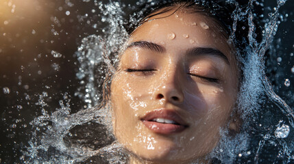 Serene Young Woman Floating in Water with Soft Sunlight, Capturing Calmness and Natural Beauty Through Water Droplets and Radiant Skin