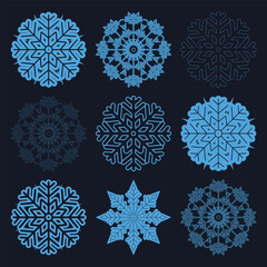 Set of Snowflakes. New year and christmas papercut outstanding snowflake elements. Winter snow ornament decoration, origami vector.