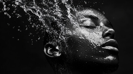 Artistic close-up of a serene person submerged in water, captured mid-motion with water splashing dramatically against a dark background, highlighting beauty in motion.