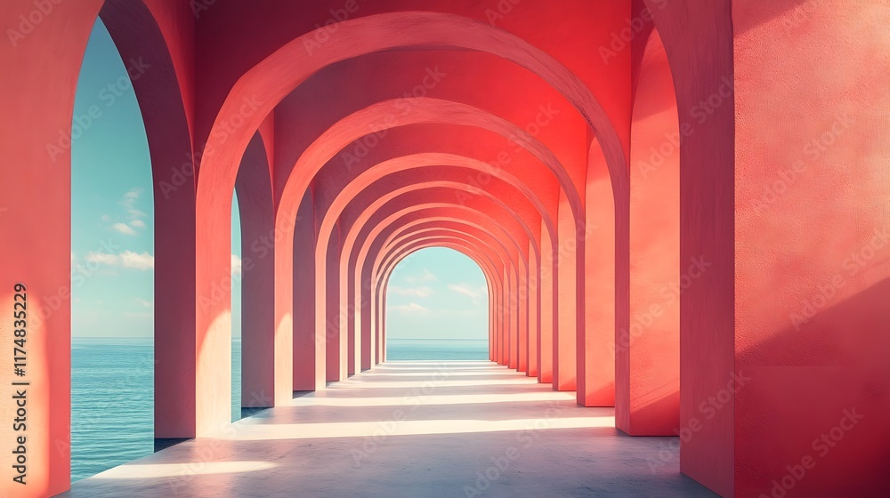 Poster a striking architectural scene featuring a dynamic perspective of repeating arched corridors with bo