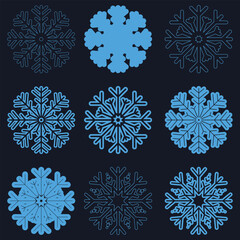 Set of outstanding vector snowflakes. Collection of snowflake winter decoration. Isolated on deep blue background. Perfect for holiday themed designs and invitations. Isolated snowflake collection.